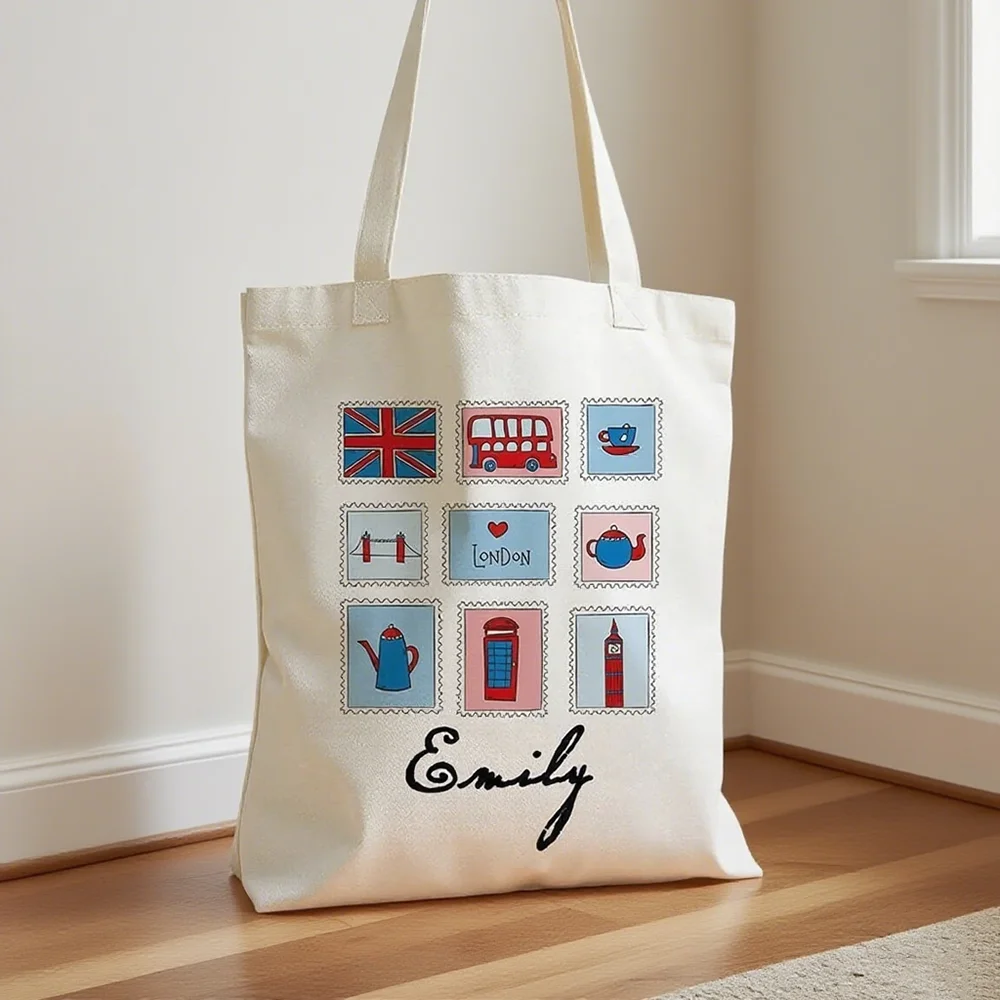 

Custom Name London-Themed Canvas Tote Bag Iconic British Design Shoulder Bag Birthday Party Holiday Travel Enthusiast Souvenir