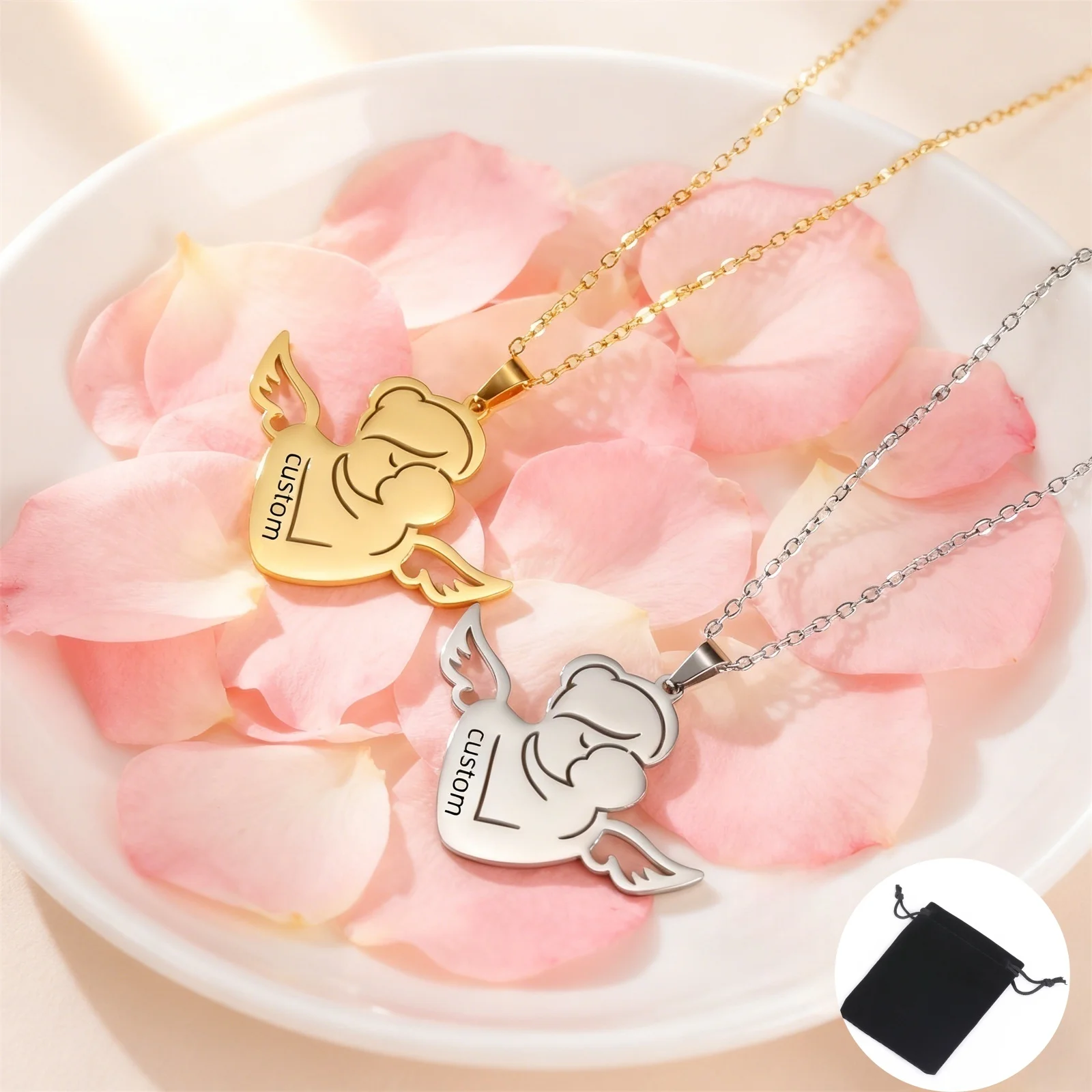 カスタマイズされた名前日付エンジェルママネックレスステンレス鋼パーソナライズされた名前ファッション母の愛ネックレス母の日ジュエリー