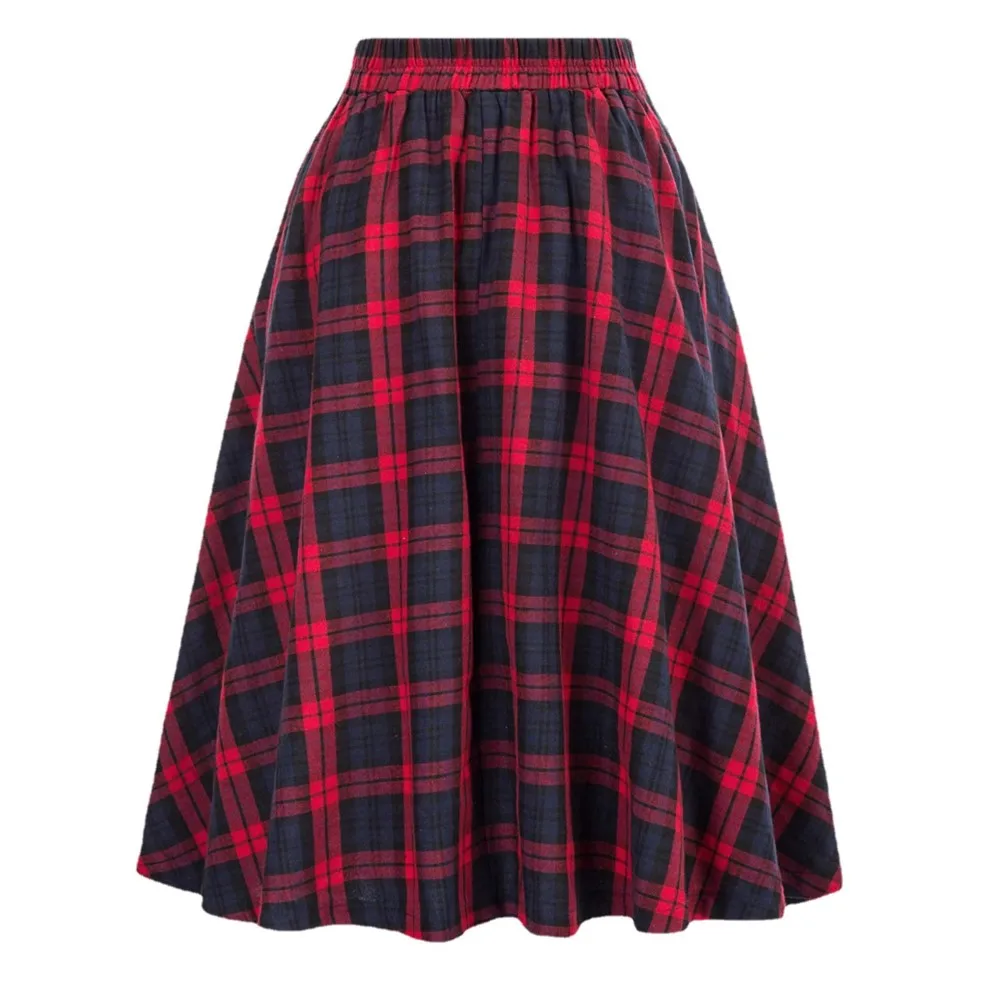 Women Vintage Pleated Plaid Skirt Autumn Winter High Waist Korean Style Preppy Midi Skirts Button Decoration Plus Size Skirt