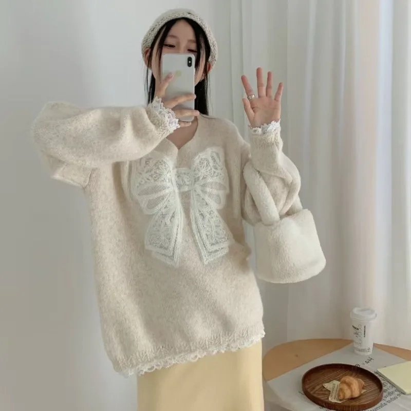 Loce Sweater wanita musim gugur musim dingin, pakaian luar gaya malas Korea, pullover rajut, leher V longgar, pakaian musim gugur dan musim dingin 2025