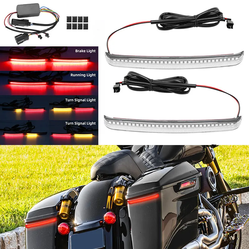 Alforje led para motocicleta, luz de destaque com fluxo de freio e sinal de seta para harley cvo touring electra road glide ultra limitado 2014-up