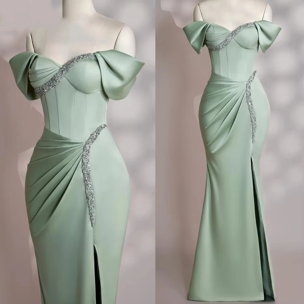 Elegante feminino sereia vestidos de noite fora do ombro frisado robe de soirée personalizado fenda lateral vestidos de baile para mujer