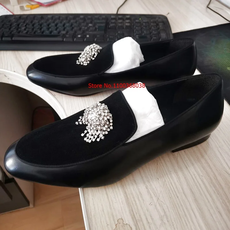 New Arrival Men Rhinestone Loafers Black Leather Shoes Handmade Crystal Tassel Dress Shoes Men Party And Wedding Shoes