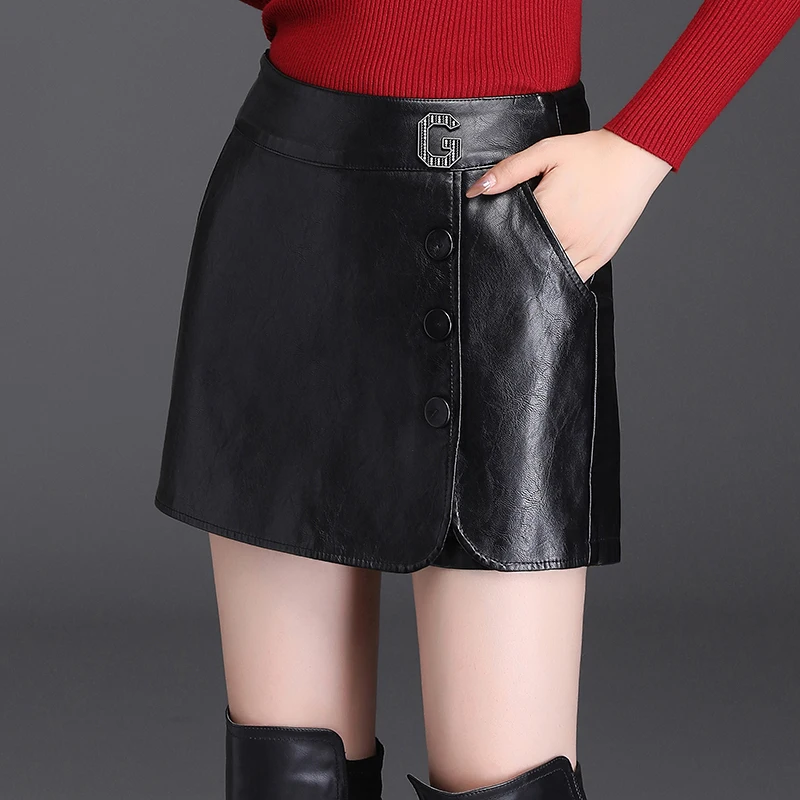 ZUZK Pu Leather Shorts Skirts For Women Fashion Sexy Pencil Mini Short Skirts  Black Button Shorts Female