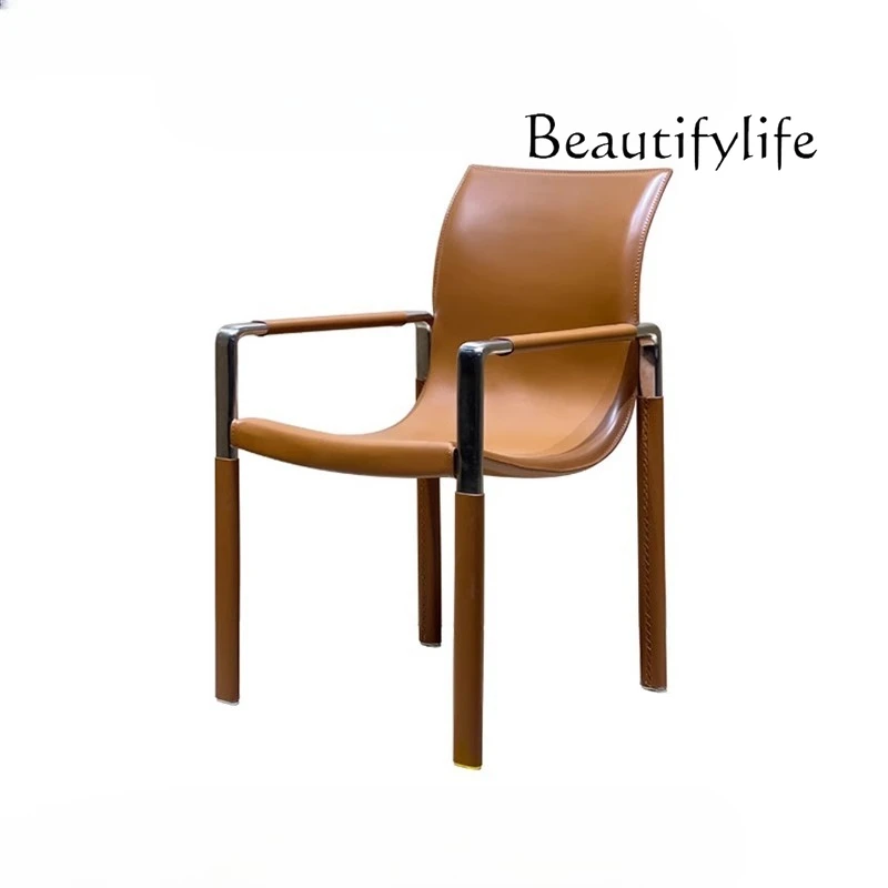 

Modern Creative Saddle Leather Designer Model Room Classical Leisure Chair Stainless Steel Ribbon Dining Chair