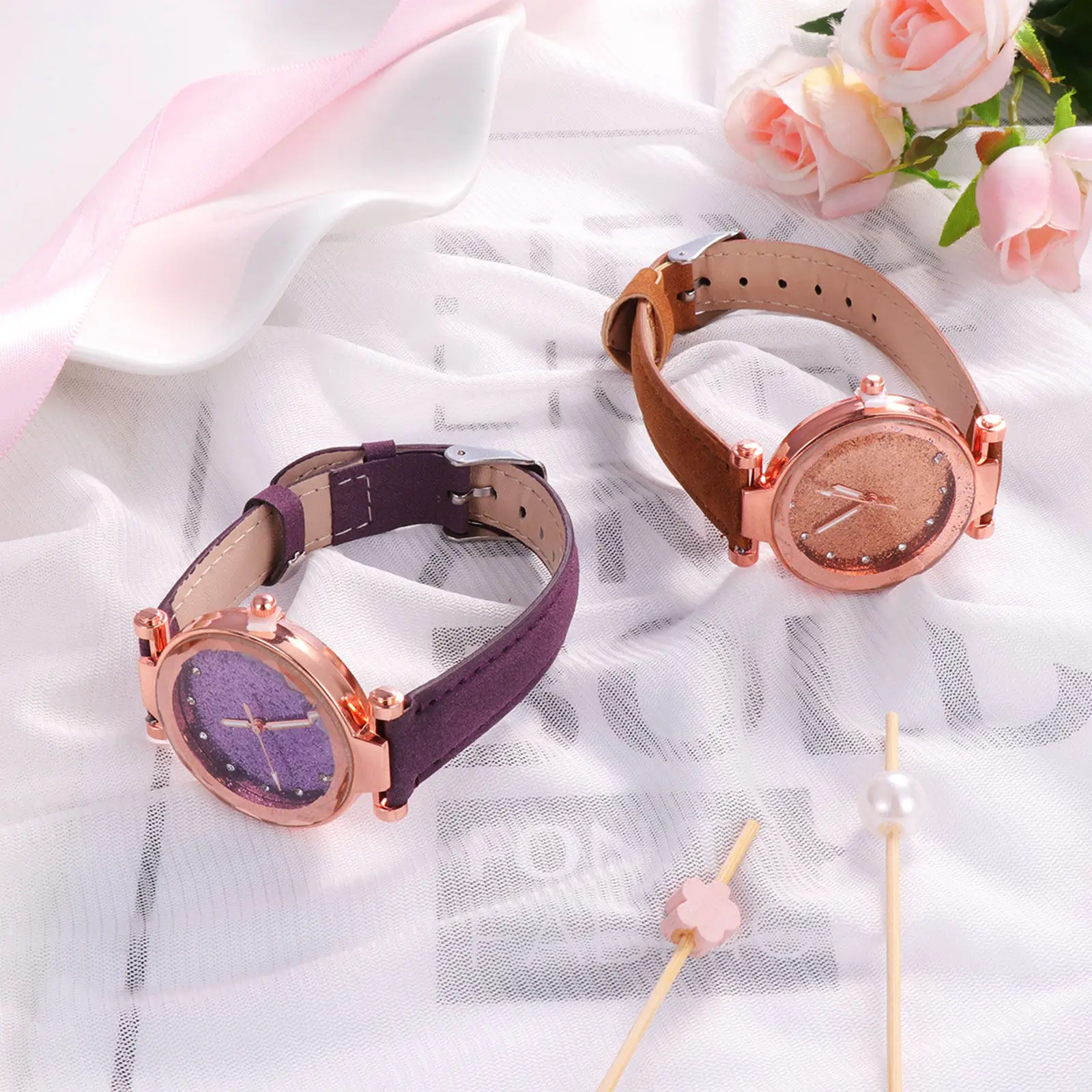 2Pcs Female Wrist Watch Ladies Fashionable Watch For Teen Women Quartz Design Glittering Birthday Gift Her