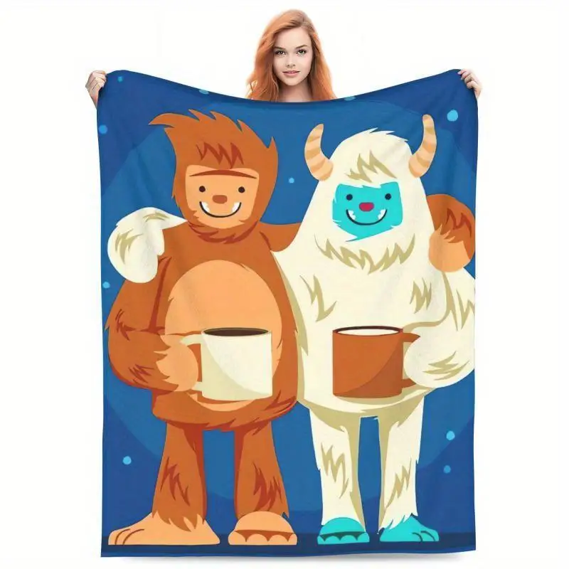 1pc Cozy Yeti-Themed Flannel Blanket - Ultra Soft & Warm Throw with Cute Bigfoot & Monster Design, Machine Washable, All-Season
