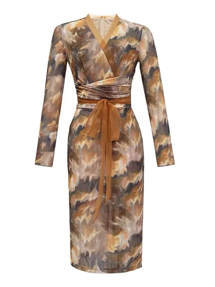 Hohe Qualität Frühling Herbst Mesh Elegante Frauen Abendkleid Vintage V-ausschnitt Bodycon Midi Party Straße Robe Femme Mujer Vestidos