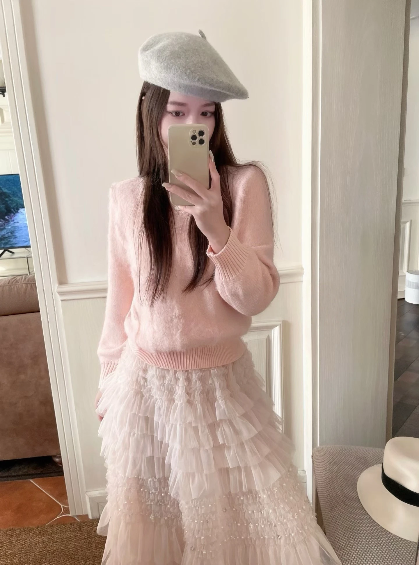 

Уютный вязаный свитер оверсайз с V-образным вырезом и бисером, персиково-розовый, с длинными рукавами, зимний, модный, женский пуловер с круглым вырезом