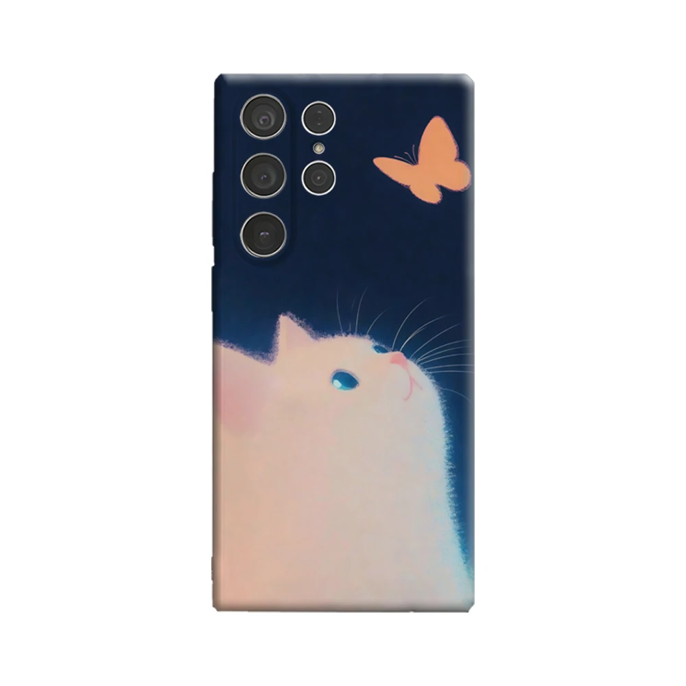 Cat & Orange Butterfly Phone Case for Samsung Galaxy S25 Ultra S24 S23 Ultra Plus Glossy Double-layer Back Cover