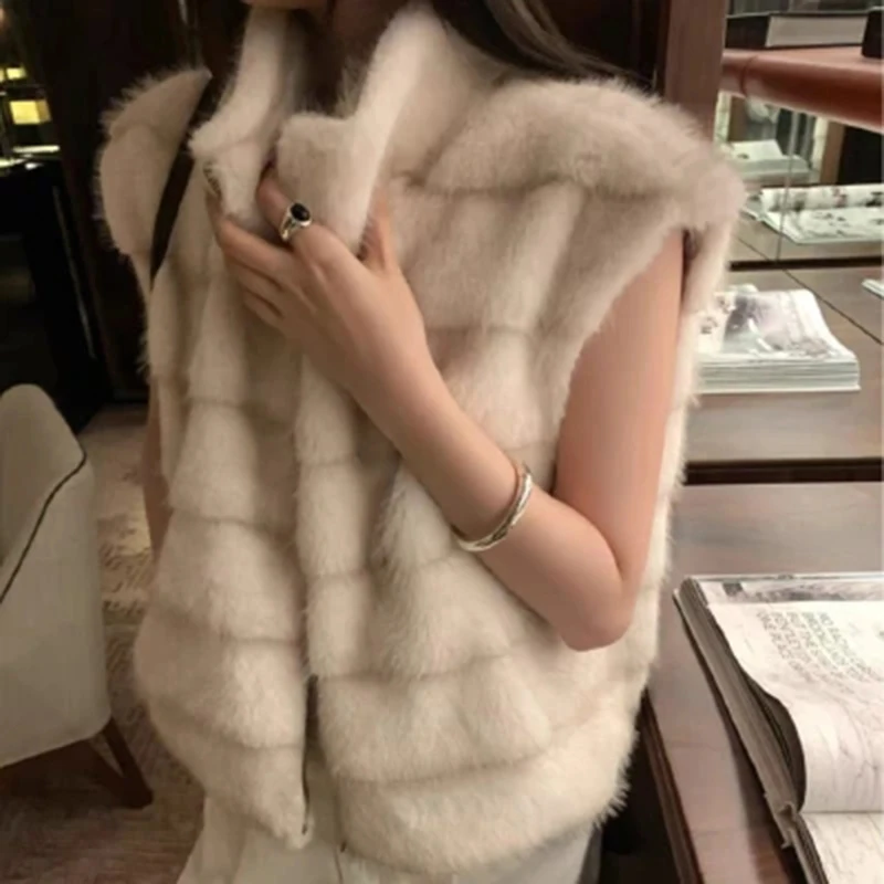 

Женский жилет из искусственного меха, элегантное корейское зимнее теплое пальто на бретелях, винтажное классическое простое пушистое пальто, уличные повседневные парки на молнии с рукавами Eless
