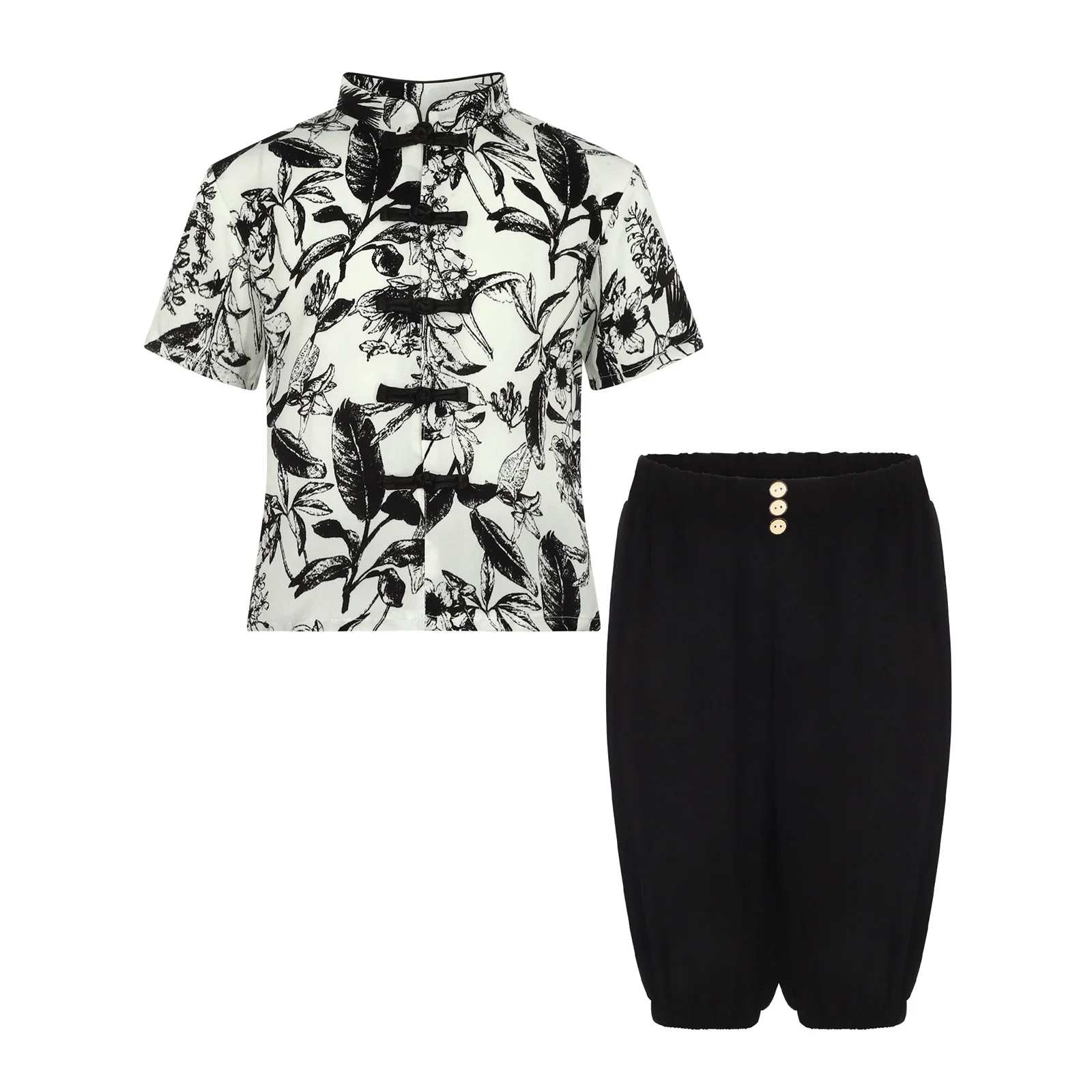 

Kids Boys 2-Piece Chinese Tang Suit Mandarin Collar Short Sleeve Knot Button Top Shirt with Elastic Waistband Bloomers Pants