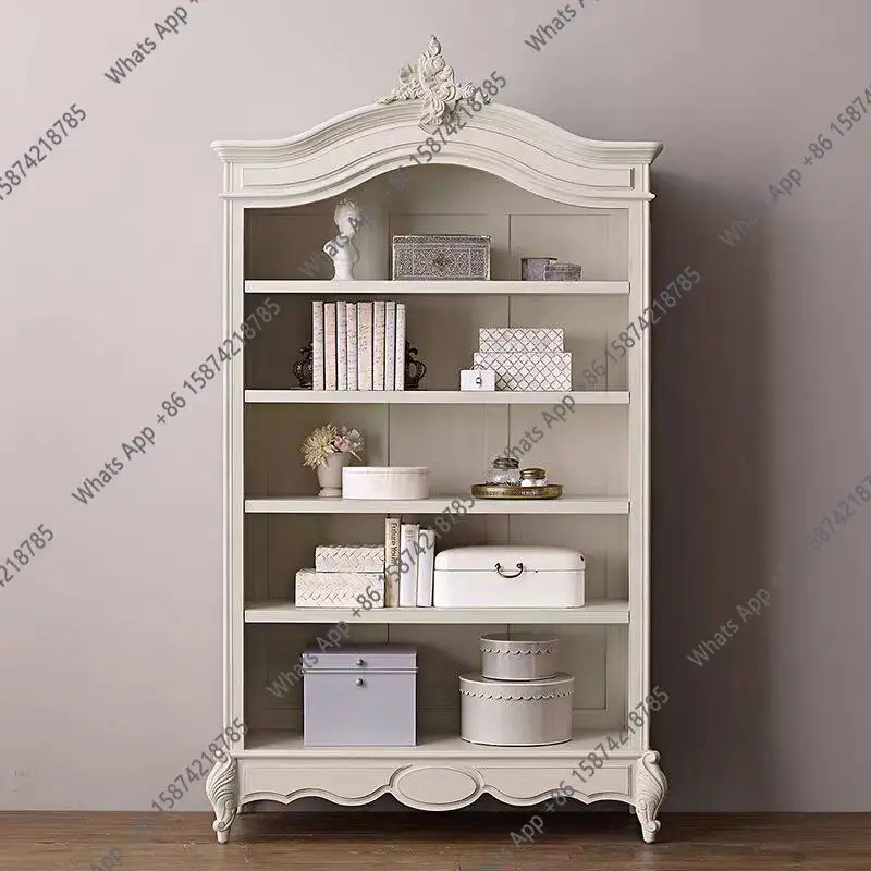 French retro old children's bookcase American light luxury solid wood carving flower bookcase ivory white display locker