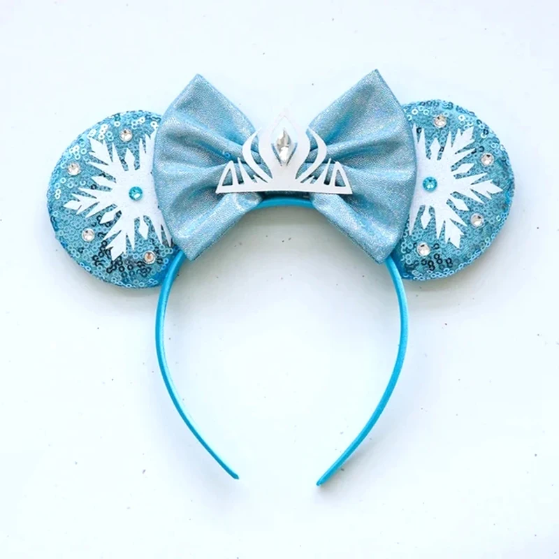 Accesorios para el cabello de Frozen para mujer, diadema con orejas de Mickey Mouse, princesa Elsa, Anna, copo de nieve, corona, lazo, lentejuelas,