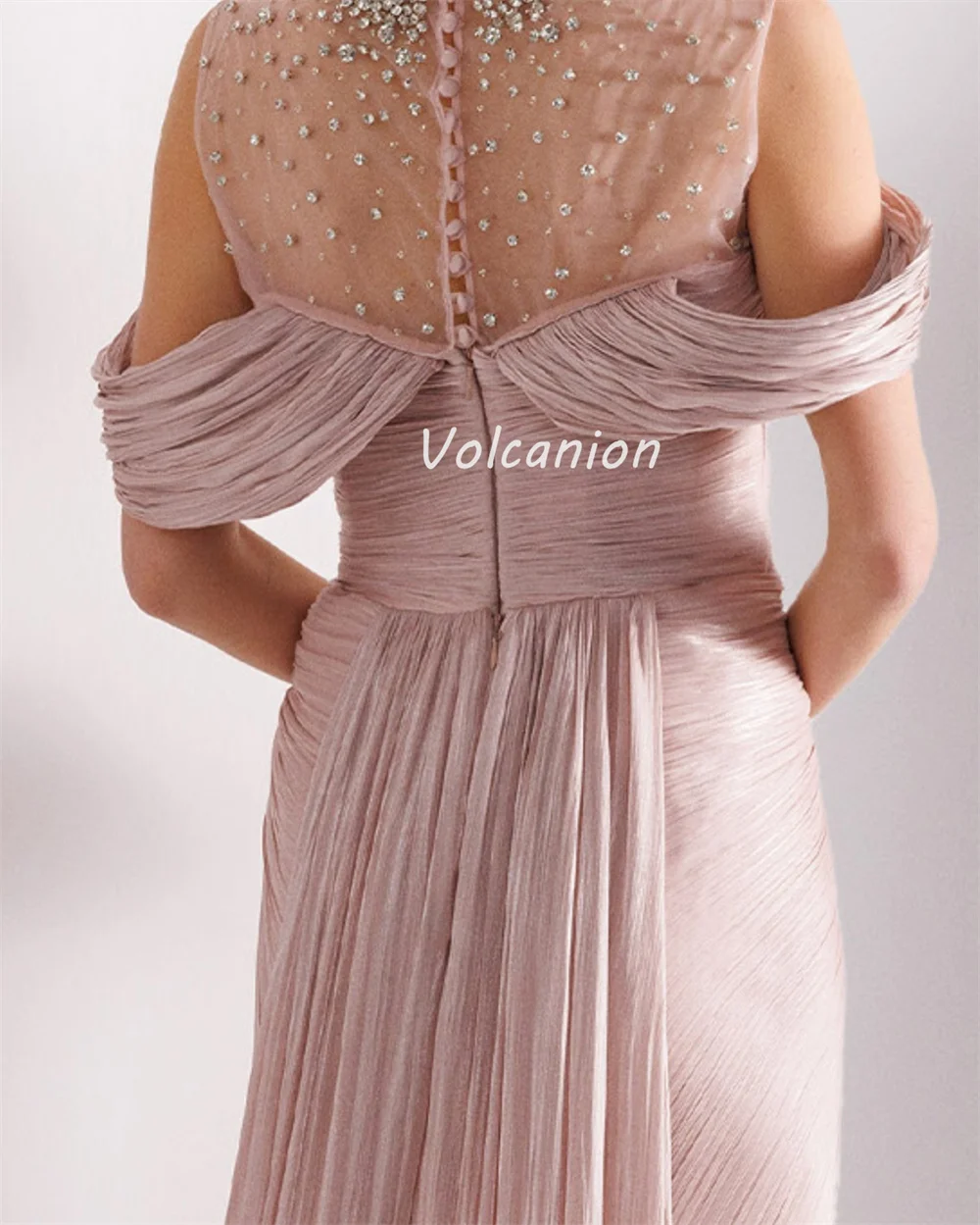 Customized Modern Style Sparkle Organza Draped Pearl Button Rhinestone Straight Scoop Neck Long Dresses Bespoke Occasion Dresses