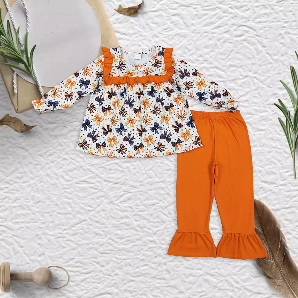 

Winter Baby Girls Halloween Star Bows Orange Ruffle Long Sleeve Pants Sets Western Boutique Girl Clothes