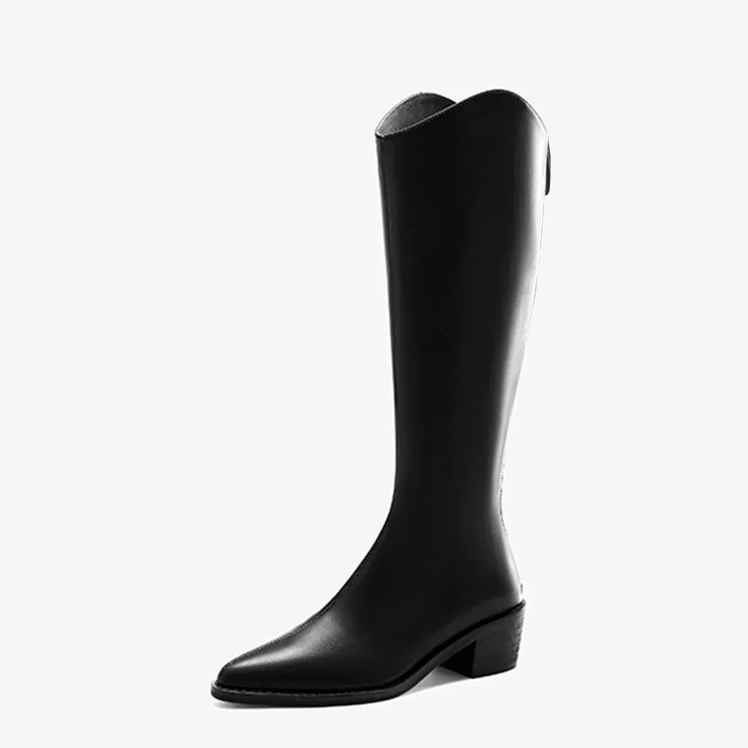 Women's Model Long Boot Autumn New Shoe Point Head Mid Square Heel Knee-High Boots Black Faux Leather Back Zipper Boot 2025