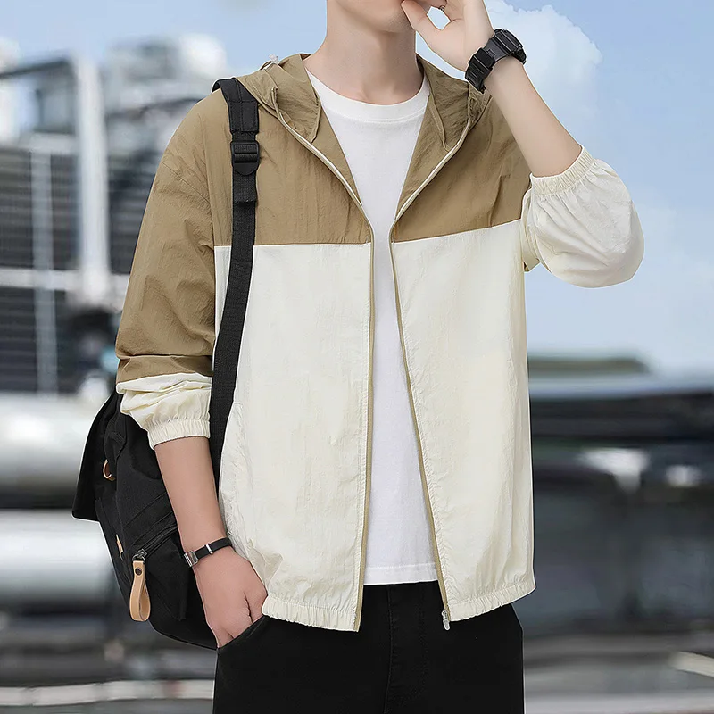 

Summer New Men's Loose Color Blo UV Protection Jaet Outdoor Fiing Hooded Skin Clothes Breathable Lightweight Windproof