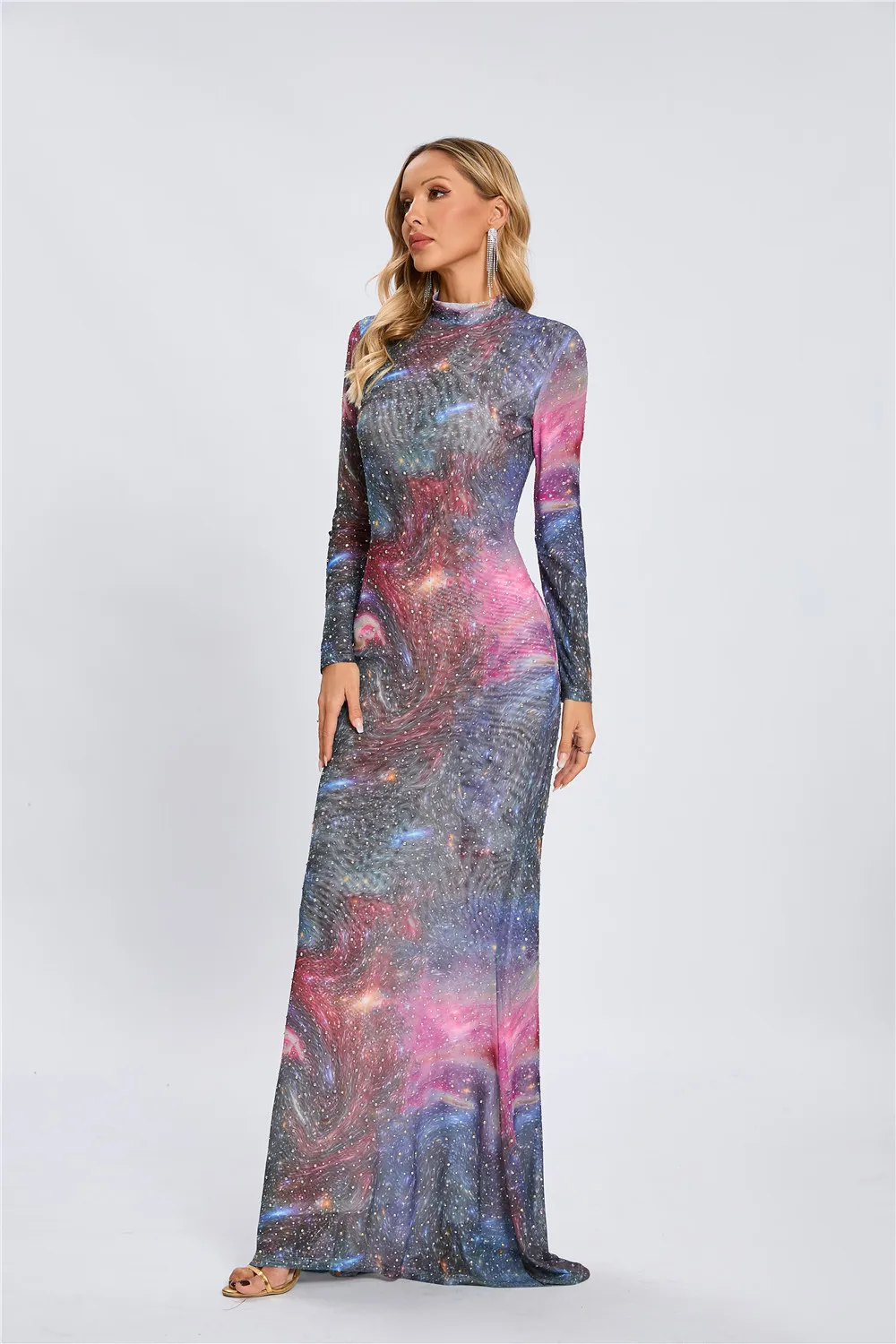 Women Elegant Luxury Winter Tie Dye Long Sleeve Half High Collar Maxi Long Beading Dress Celebrity Evening Party Gowns Gala