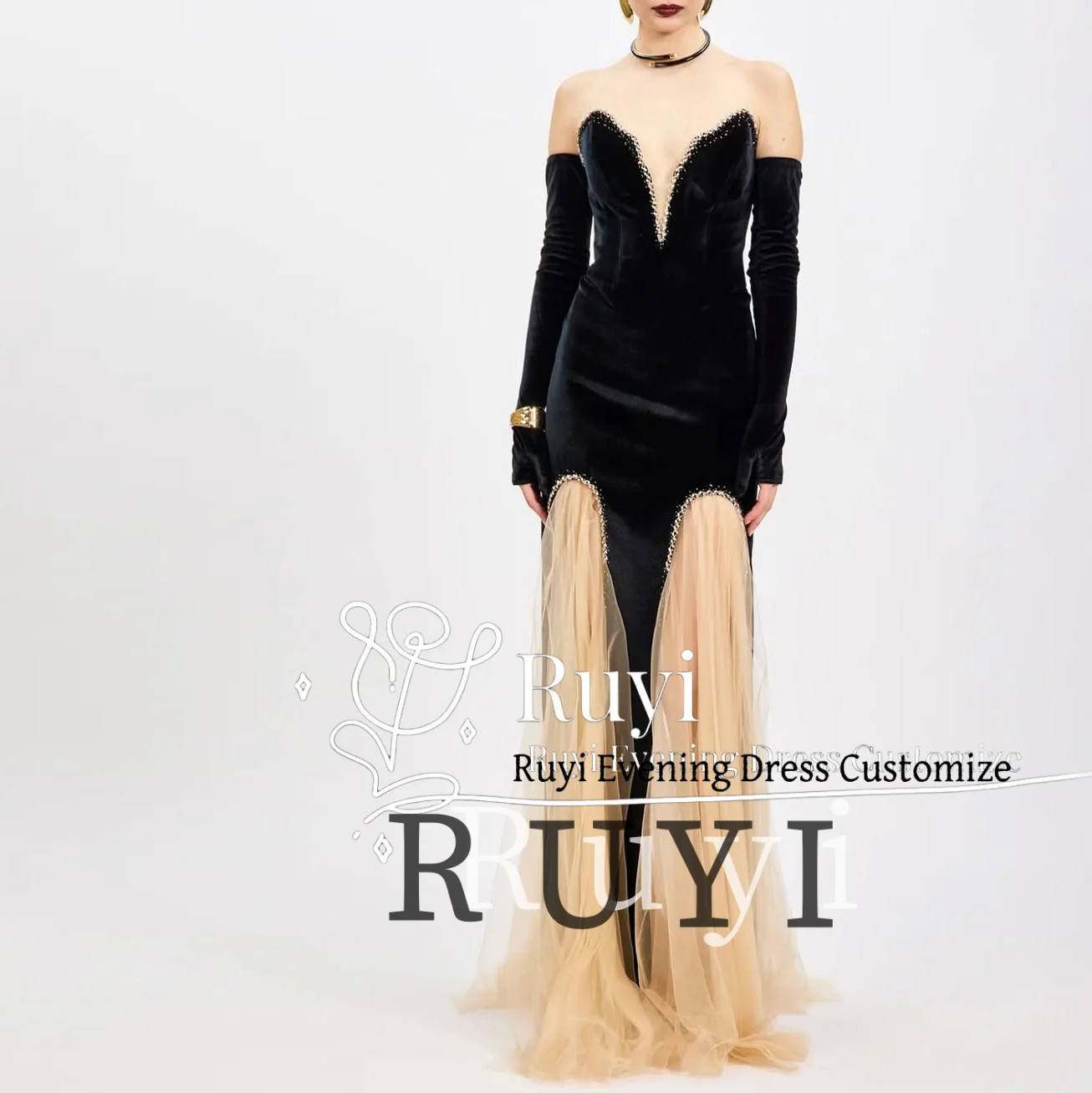 

Customized Deep V-Neck Black Velevt Beads Elegant Evening DressesChampagne Tulle Elegant Women Long Gloves Wedding Party Dress