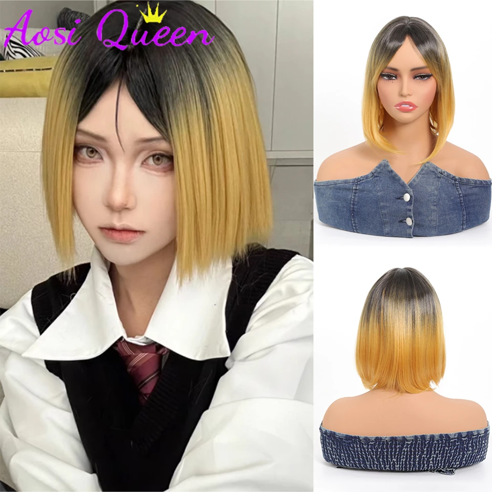 AOSI Drifting And Dyeing Gradient Short Wig Bob Natural Wigs With Bangs Unisex Cos Wig Daily High Quality Synthetic Wig