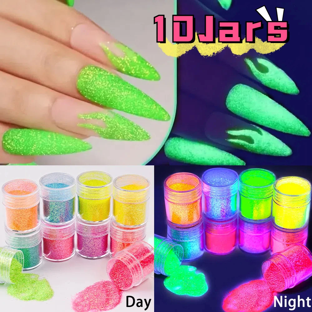 10 สีเล็บ Glitter ผงเรืองแสงใน Dark Ultra Thin Multi สี Holographic เรืองแสง Pigment Nail Art Decors