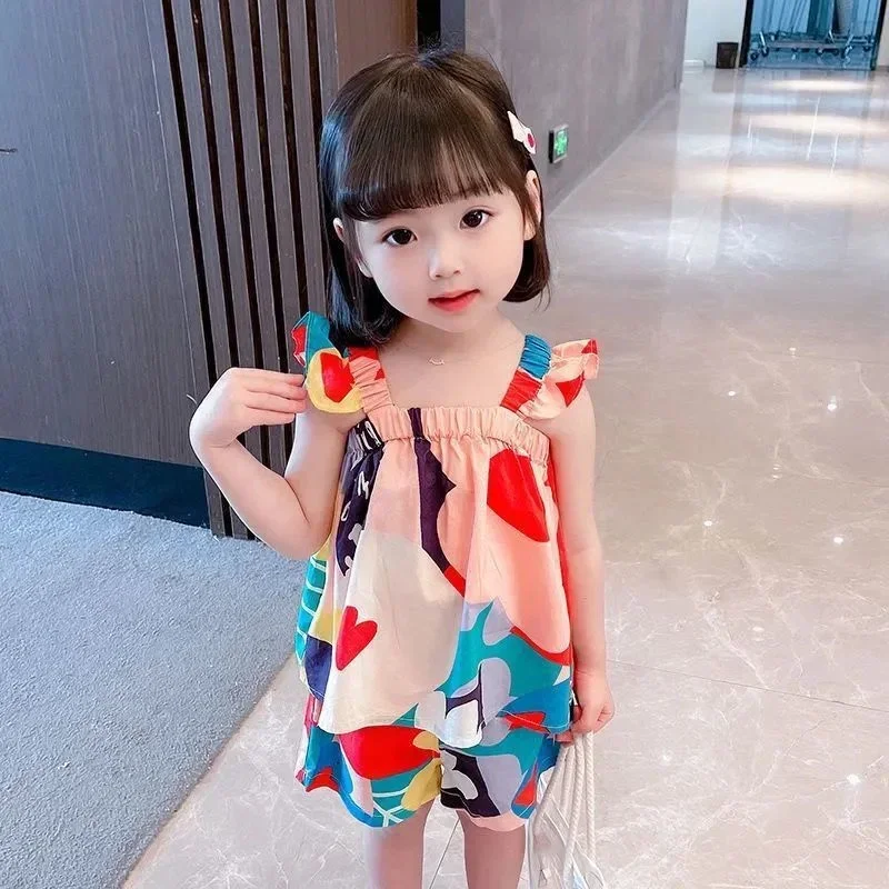 Summer Baby Girls Clothing Sets Suspender Top Color Matching Floral Vest + Children\'S Casual Pants Little Kids Clothes Suit