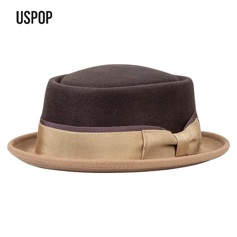 USPOP Premium Wool Felt Pork Pie Hat, Unisex Vintage Short Brim Fedora for Fall & Winter, Elegant Ribbon Dress Hat