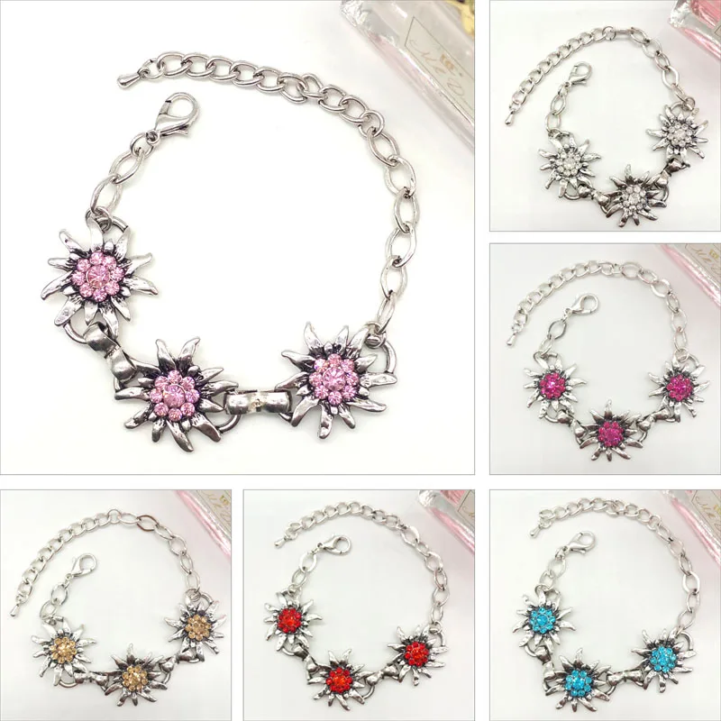 Germany Fashion Antique Silver Plated Edelweiss Bracelets Oktoberfest Very Popular Bracelet Rhinestone Charm Bracelet for Women