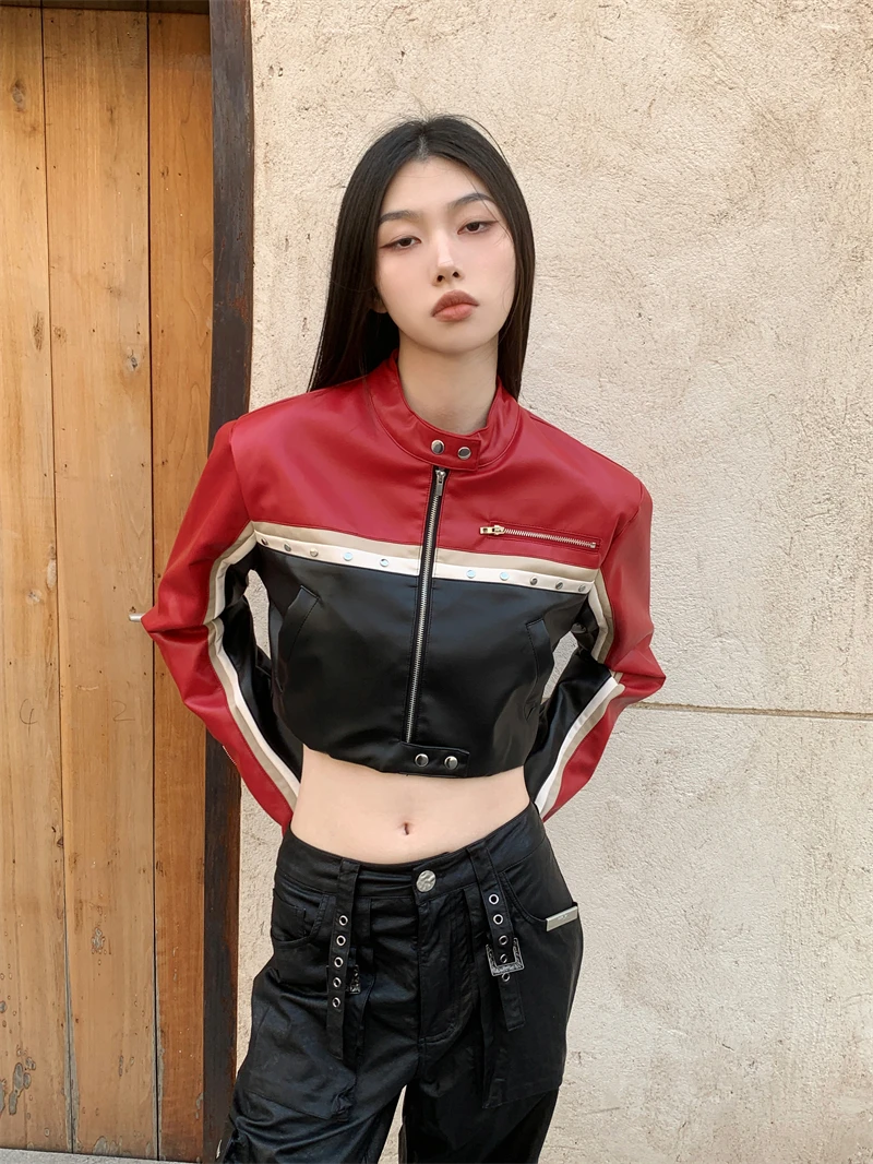 CHEERART Fall Fashion Motorcycle Leather Jacket Women 2023 Black Red Zip Up Patchwork Biker Cropped Jacket Autumn Clothes