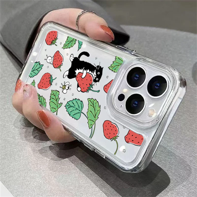 Strawberry & Cat Pattern Soft Phone Case For iPhone 11 12 13 14 Pro Max 15 Pro Max X XR XS Max 7 8 16 Plus 16Pro Soft TPU Cover