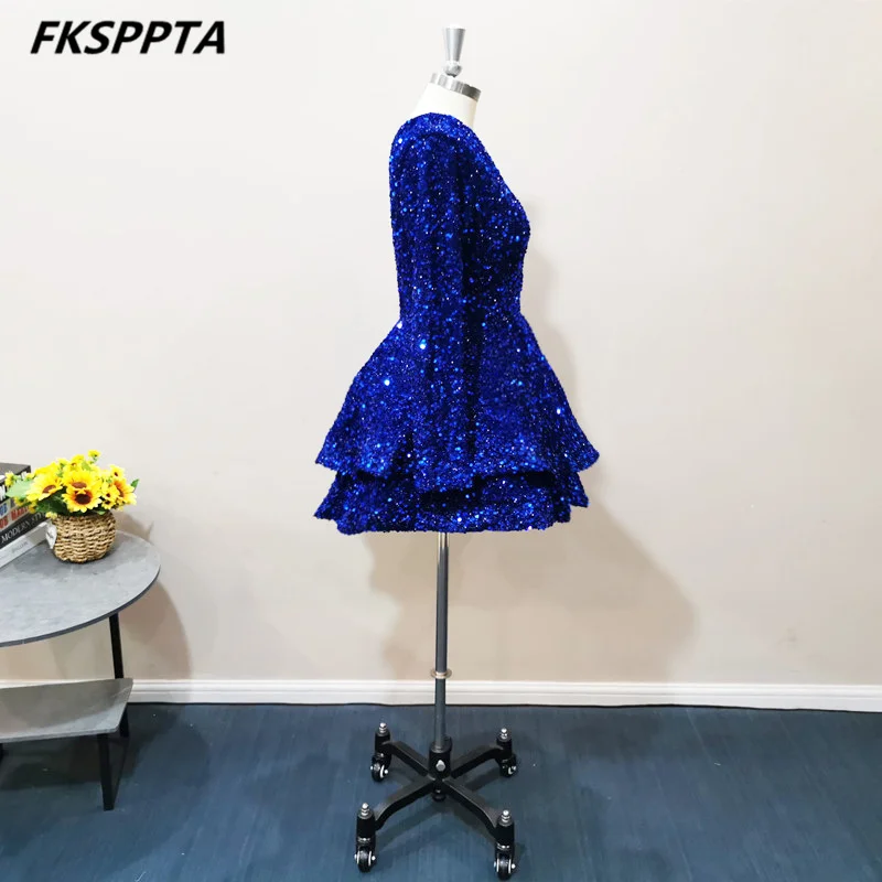 Sparkly Short Royal Blue Prom Dresses One Shoulder Long Sleeve Elastic Sequins Wedding Party Gowns Robe De Soiree