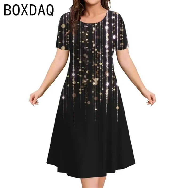 Women's Summer Dresses Vintage Gradient Print Elegant  A-Line Dress Big Size Short Sleeve Round Neck Casual Loose Dress Vestidos