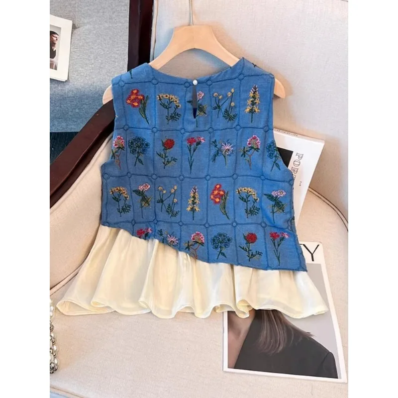 

Fashion Floral Embroidery Women's Vintage Sleeveless Tops Summer New Elegant Ruffles Patchwork Slim O-neck Tanks