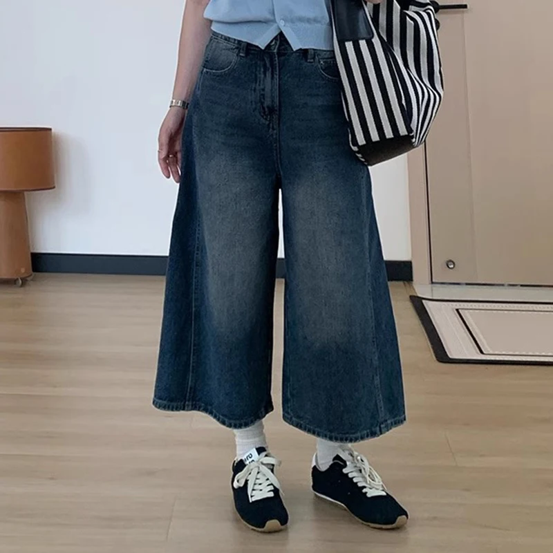 

PBAP женские укороченные мешковатые джинсы с усами винтажные стираные свободные брюки-бермуды с высокой талией прямые широкие брюки повседневная школьная уличная одежда