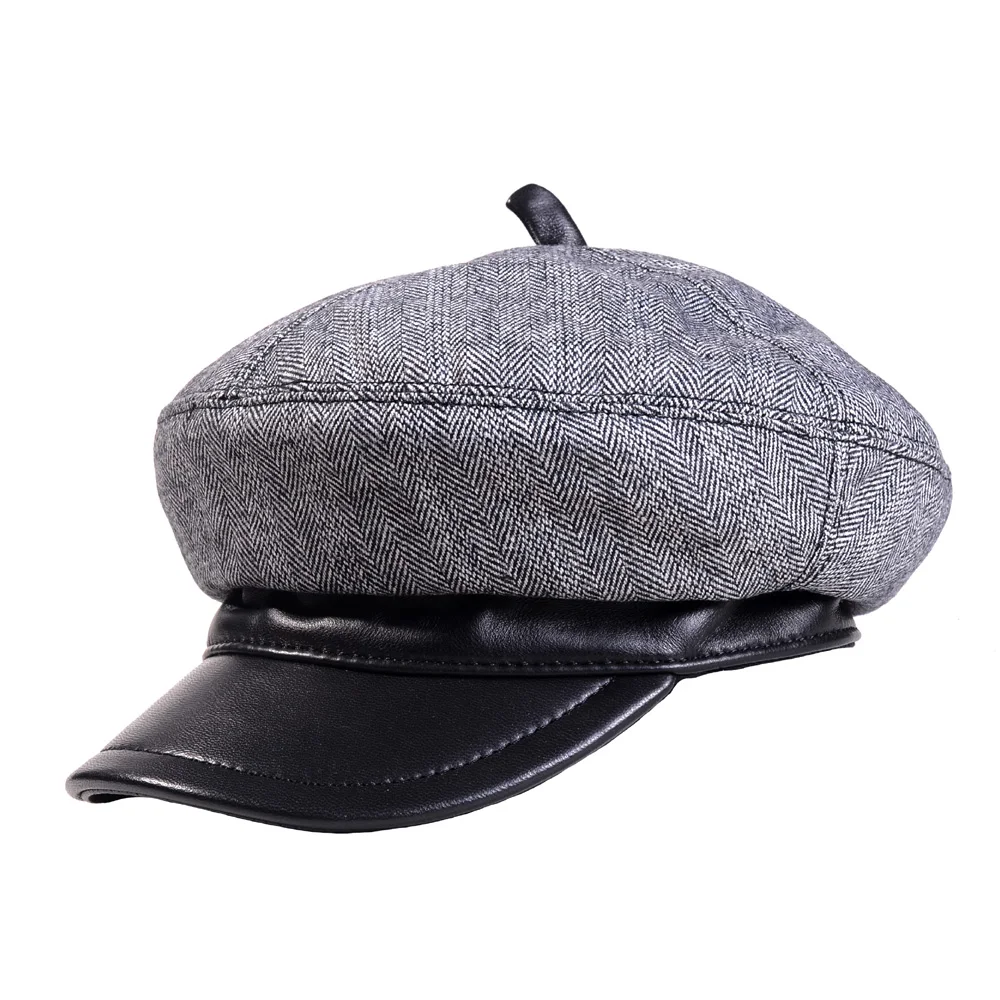 Winter Warm Genuine Leather Woolen Newsboy Beret Cap Unisex Casual Painter Hats for Men And Women