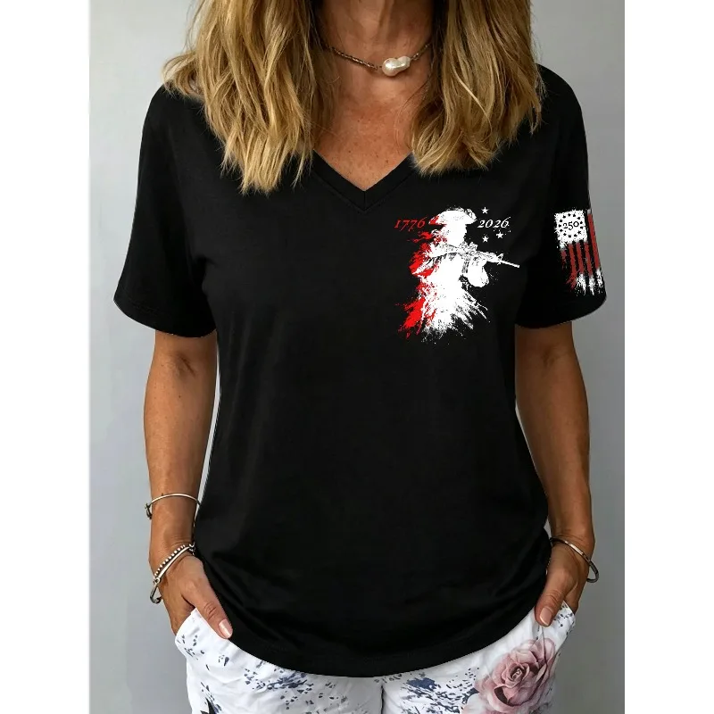 ilstile Women's America 250 Years Print T-Shirts Short Sleeve Casual Loose V Neck Tops Summer Black White Tees Hot Sale