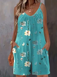 Plus Size Allover Print Cami Romper Jumpsuit, Casual Pocket Ruched Sleeveless Romper Jumpsuit, Women's Plus Size Clothing