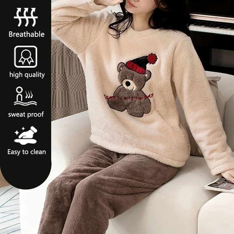 2pcs/Set Large Size Padded Thickened Warm Fall And Winter Women\'s Pajamas Long-Sleeved Long Pants Set Coral Velvet Cartoon Bear