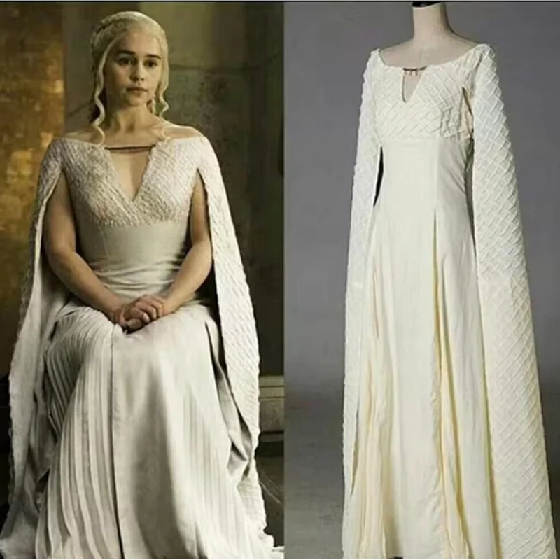 

Костюм Дейнерис Таргариен для косплея, карнавальный костюм королевы на Хэллоуин с накидкой, длинное белое платье, винтажный средневековый костюм принцессы