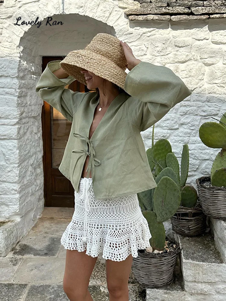 

Solid Bow Lace Up Shirt Women Casual Long Sleeve Hollow Out V-neck Female Shirts 2024 Spring Summer Elegant Lady Streetwear