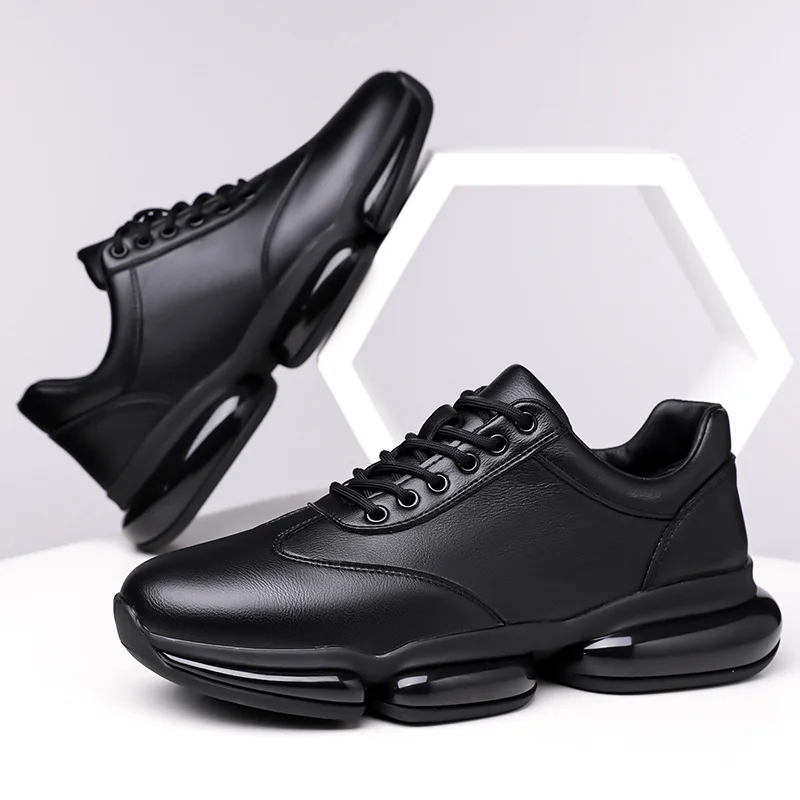 

New Men Leather Casual Shoes Thick-soled Leisure Sport Shoes Cool Black Chunky Sneakers