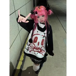 Luźna bluza z kapturem z nadrukiem czaszki Streetwear Jesień 2024 Gothic Casaul Subculture Punk Bluzy damskie Harajuku Y2k Bluzy z długim rękawem