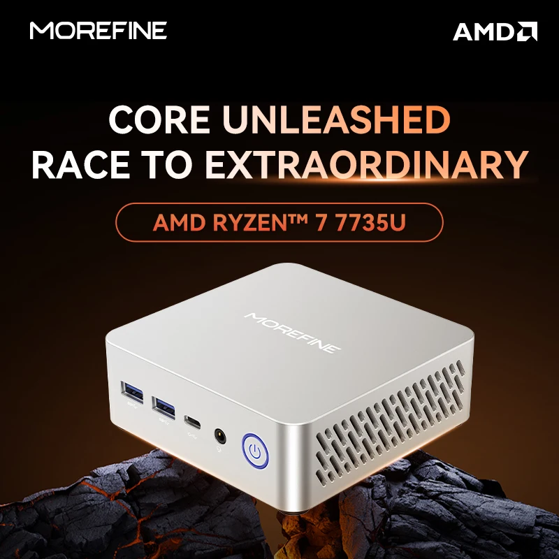 MOREFINE كمبيوتر صغير M700 AMD Ryzen R7-7735U WIN11PRO كمبيوتر مكتبي ثنائي القناة DDR5 RAM M.2 PCIE4.0 SSD WiFi6 BT5.0 لعبة الكمبيوتر المحمول