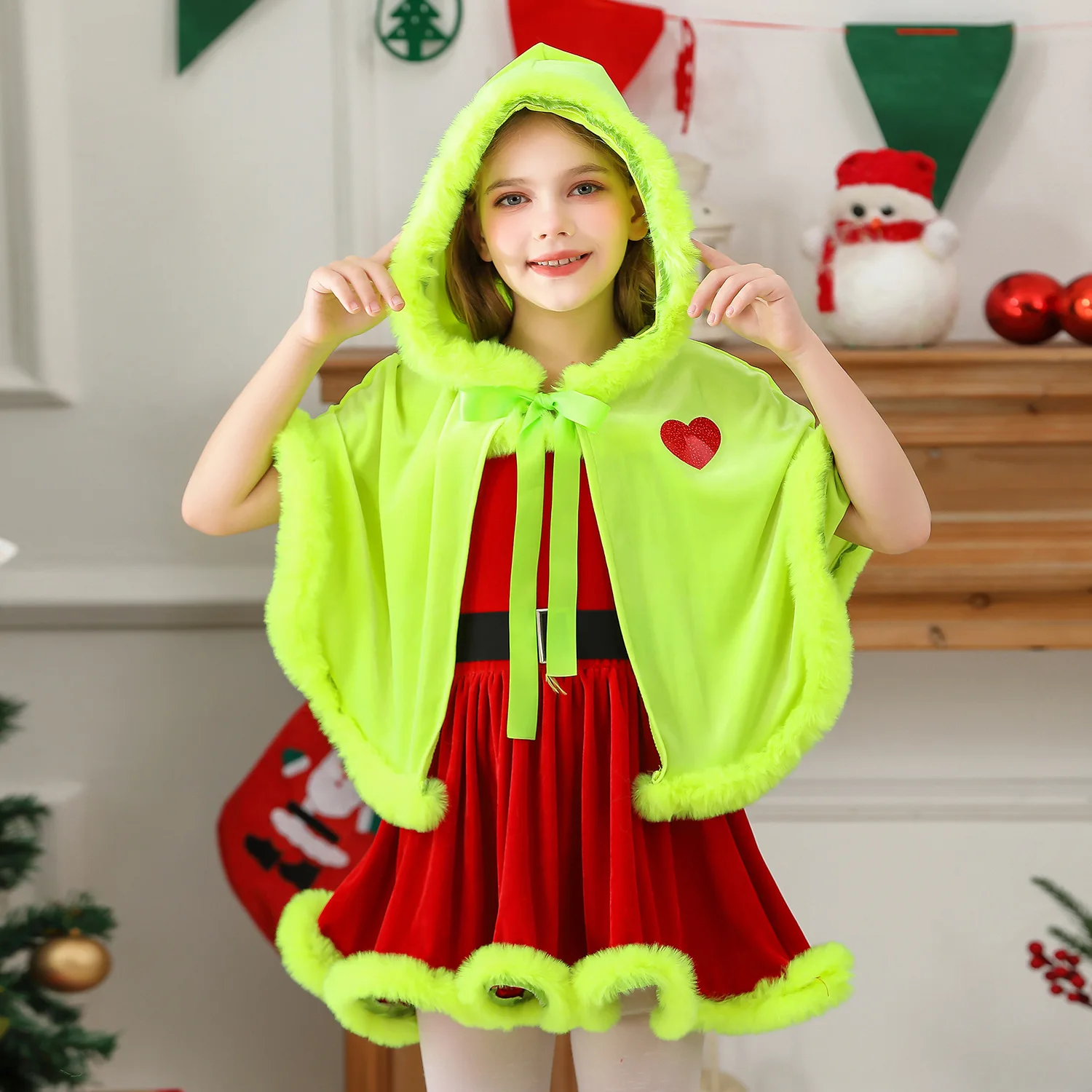 

Christmas Green Santa Claus Cosplay Costume Women Red Dress Green Cloak Hoodie Festival Party Stage Wear Gift