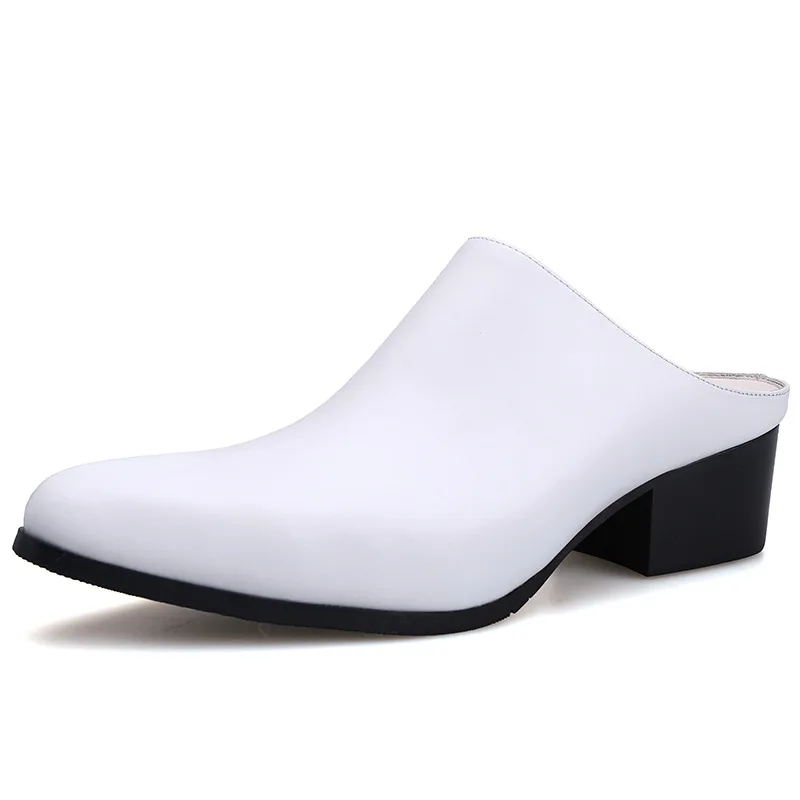 Mens Half Slippers 5CM High Heels Shoes Black Blue White Summer Office Sandals Genuine Leather Pointed Toe 2026 Fashion Slides