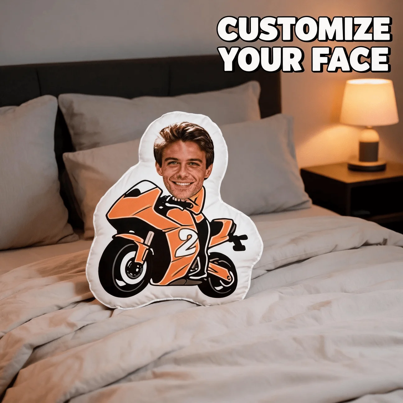 Custom Photo Shaped Pillow, Personalized Face on Orange Motorcycle Racer Design Decorative Cushion, Unique Home Decor Accent for