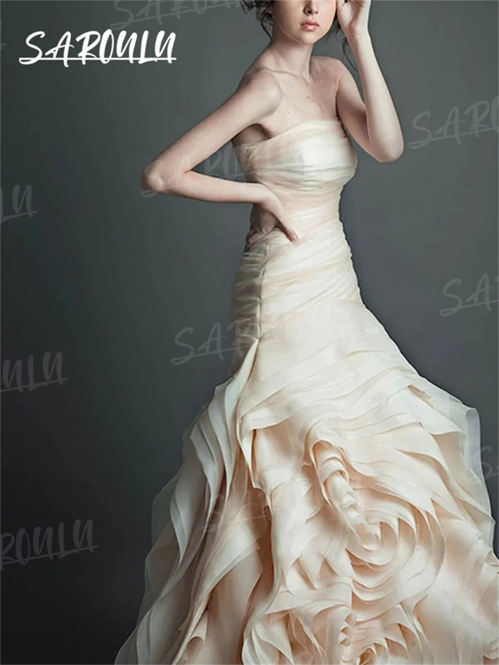 Bloemenvormige tule trouwjurk beige romantische strapless bruidjurken voor dames moderne optocht avondjurk op maat gemaakt