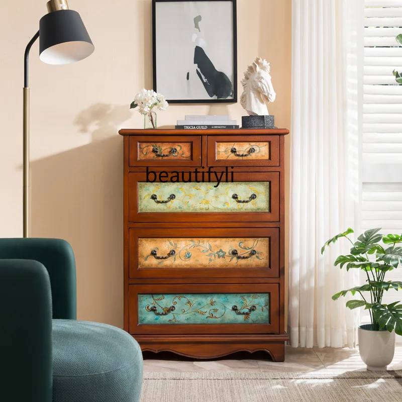 

American all-solid wood chest of drawers, retro painted furniture, bedroom storage, walnut