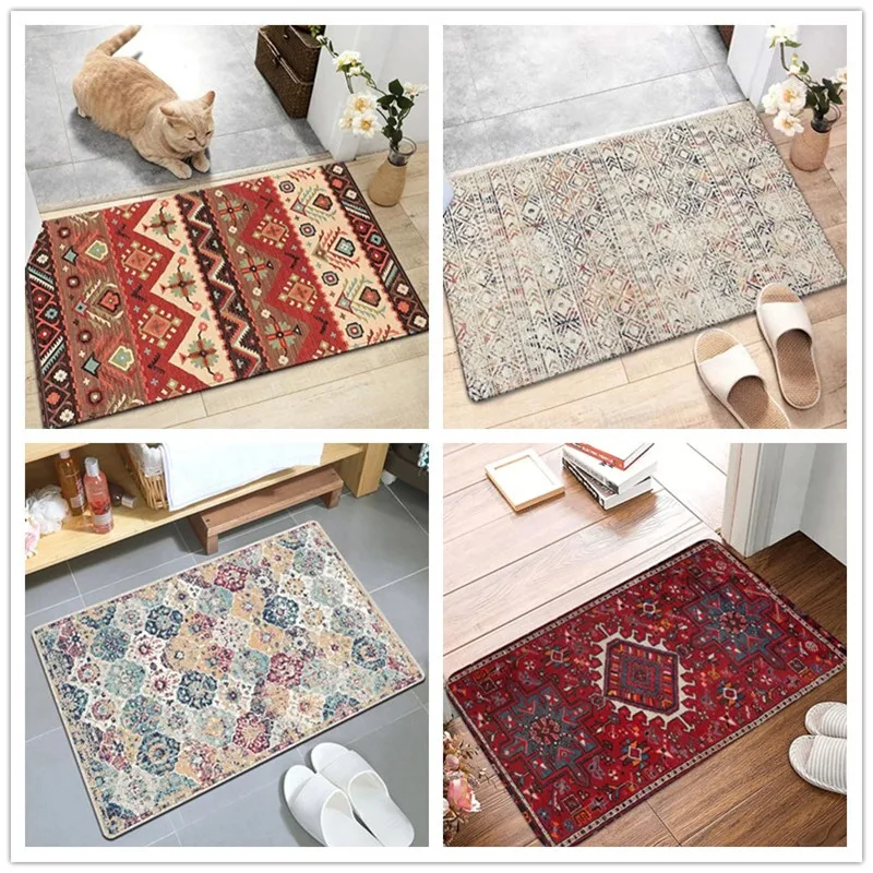 Boho Style Floor Mat Non-Slip Bath Rug Floral Pattern Washable Door Carpet For Living Room Kitchen Bathroom Hallway Home Decor